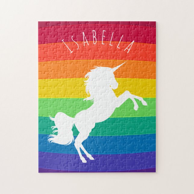 Cute Rainbow Pattern White Unicorn Personalized Jigsaw Puzzle (Vertical)
