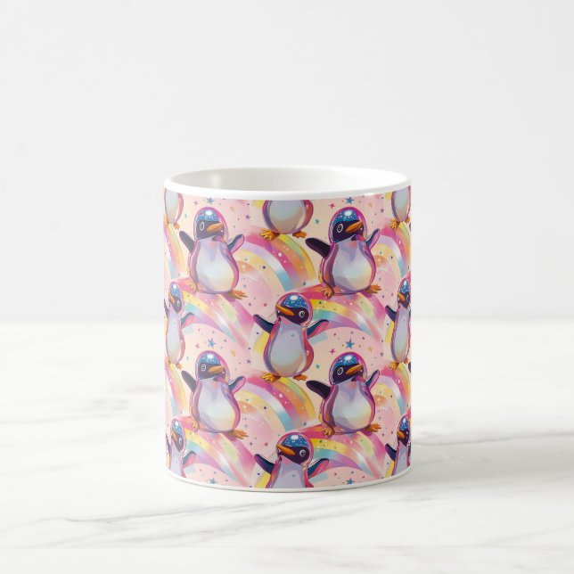 Cute Rainbow Penguins and Stars Pattern Coffee Mug (Center)