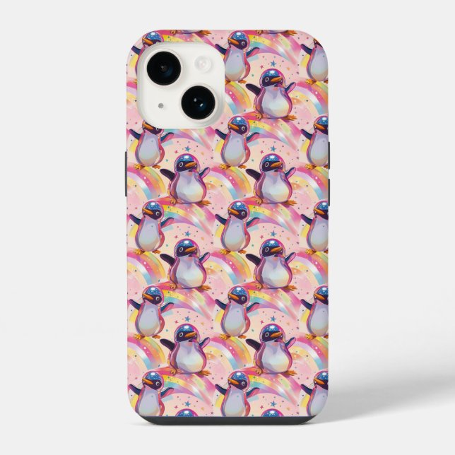 Cute Rainbow Penguins and Stars Pattern iPhone Case (Back)