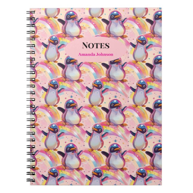Cute Rainbow Penguins and Stars Pattern Notebook (Front)