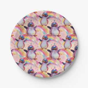 Cute Rainbow Penguins and Stars Pattern Paper Plate