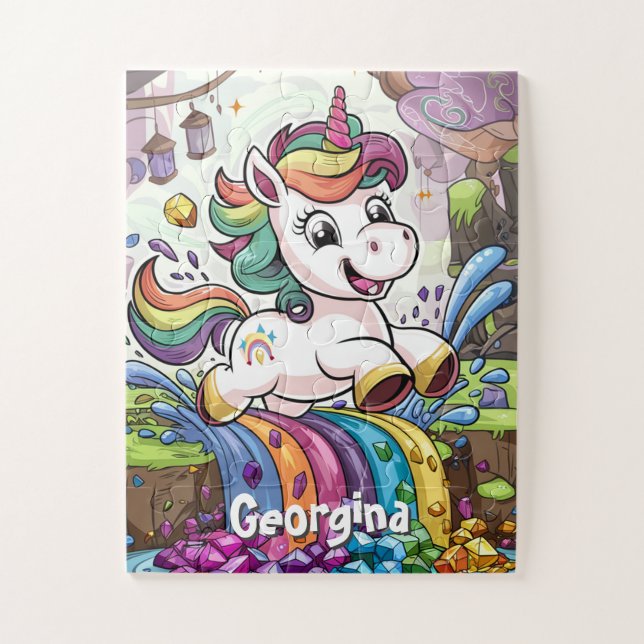 Cute Rainbow Personalized Unicorn Kids Jigsaw Puzzle (Vertical)