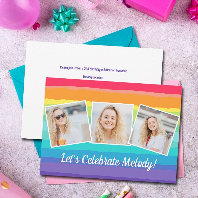 Cute Rainbow Photo Collage Birthday Party Invitation (Creator Uploaded)