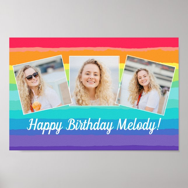 Cute Rainbow Photo Collage Custom Birthday Party Poster (Front)