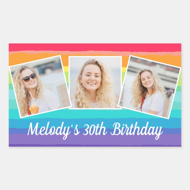 Cute Rainbow Photo Collage Custom Birthday Party Sticker (Front)