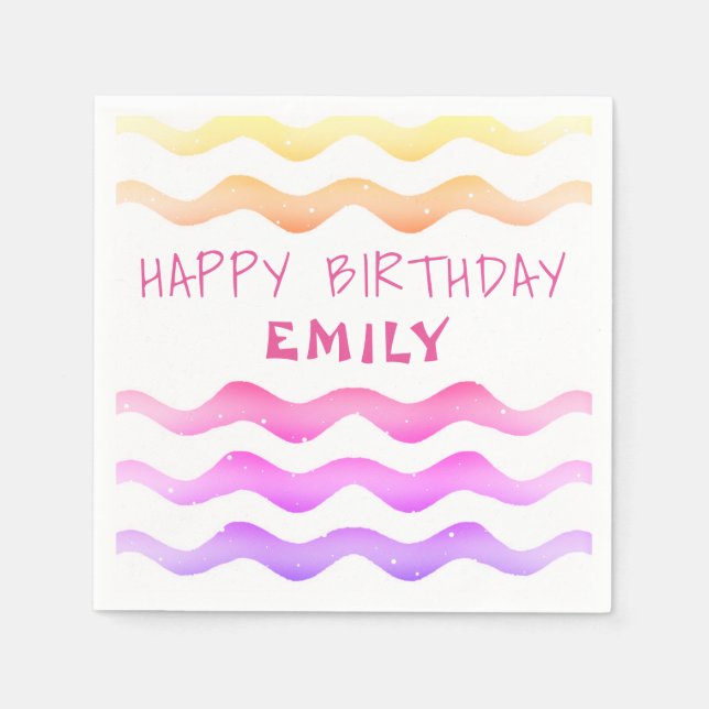 Cute Rainbow Pink Wave Pattern Girl Birthday Napkin (Front)
