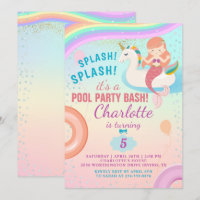 Cute Rainbow Pool Party Unicorn Mermaid Birthday