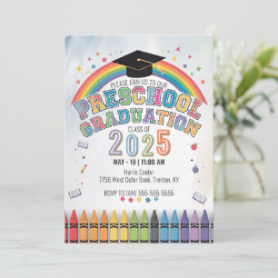 Cute Rainbow Preschool Graduation Cap Confetti Invitation