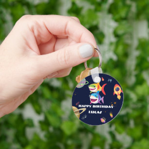 Cute rainbow Shark Galaxy Rocket birthday party Keychain