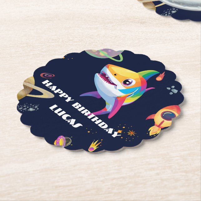Cute rainbow Shark Galaxy Rocket birthday party  Paper Coaster (Angled)