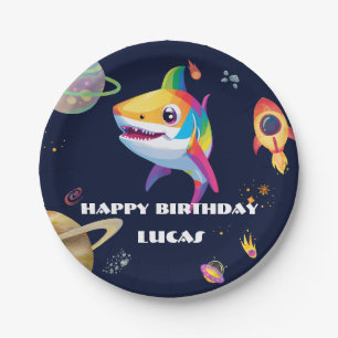 Cute rainbow Shark Galaxy Rocket birthday party  Paper Plate