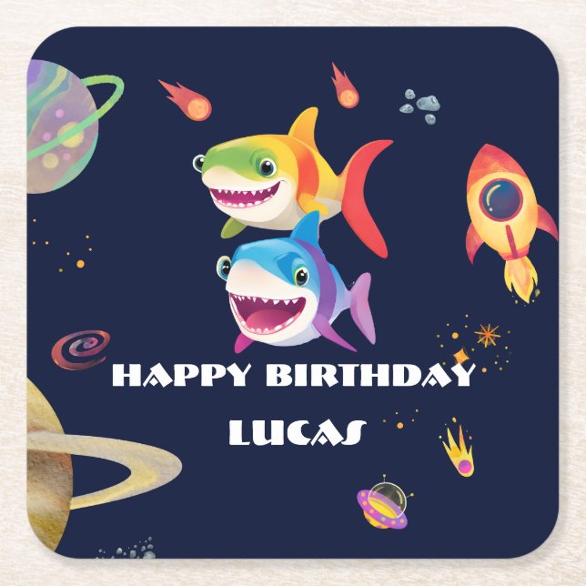 Cute rainbow Shark Galaxy Rocket birthday party  Square Paper Coaster (Front)