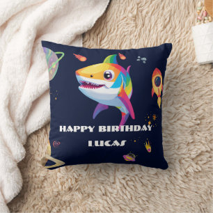 Cute rainbow Shark Galaxy Rocket birthday party Throw Pillow