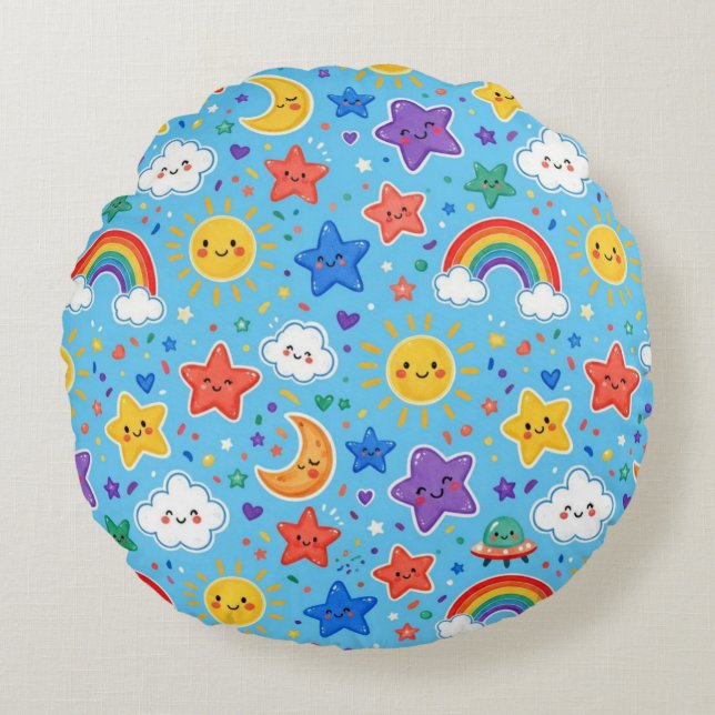 Cute Rainbow Space Seamless Pattern Round Pillow (Front)