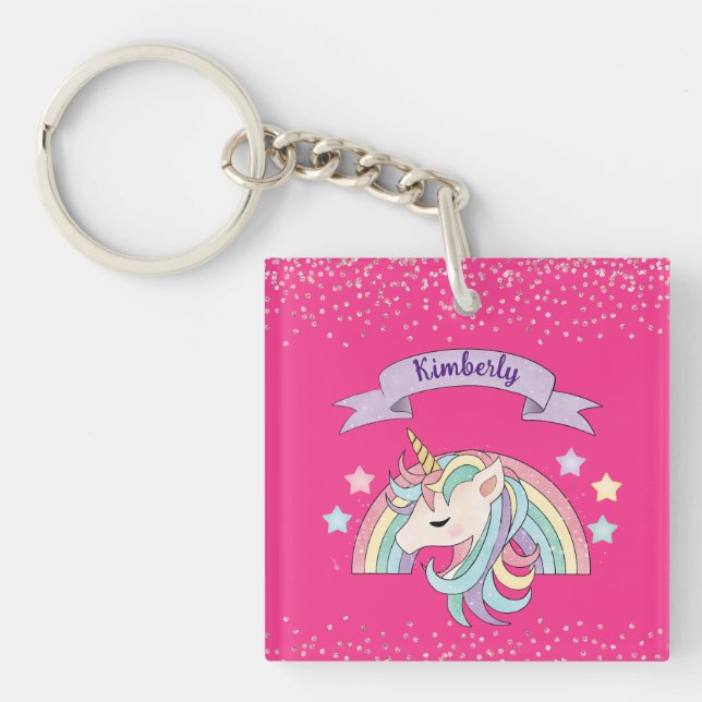 Cute Rainbow & Sparkly Unicorn Hot Pink Glitter Keychain (Front)