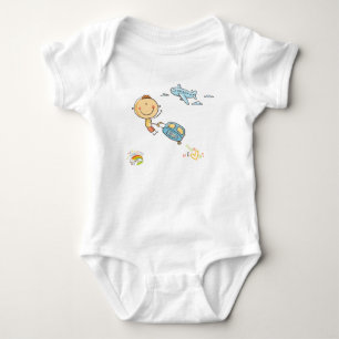 Cute Rainbow Stick Figure Boy Airplane Suitcase Baby Bodysuit