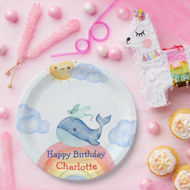 Cute Rainbow stingray whale fish Birthday party Paper Plate (Party)