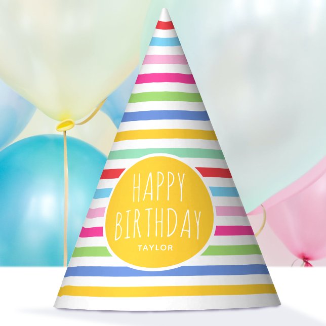 Cute Rainbow Striped Happy Birthday Yellow Party Hat (Creator Uploaded)
