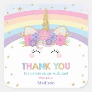 Cute Rainbow Unicorn 1st 2nd Birthday Party Favour Square Sticker