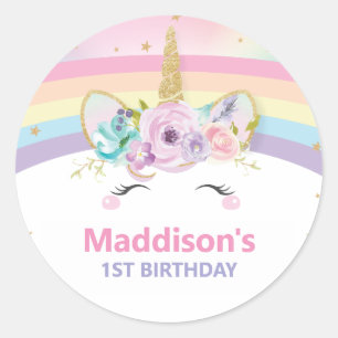 Cute Rainbow Unicorn 1st Birthday Thank You Favour Classic Round Sticker