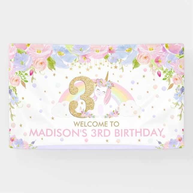 Cute Rainbow Unicorn 3rd Birthday Welcome Backdrop Banner (Horizontal)
