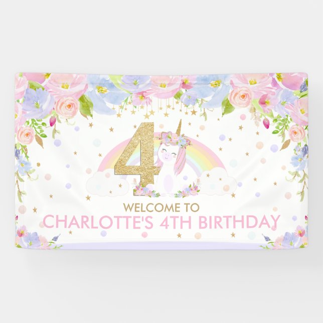 Cute Rainbow Unicorn 4th Birthday Welcome Backdrop Banner (Horizontal)
