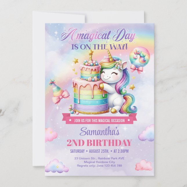Cute Rainbow Unicorn And cake girl second Birthday Invitation (Front)