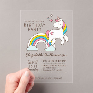 Cute Rainbow Unicorn And Sparkles Birthday Acrylic Invitations