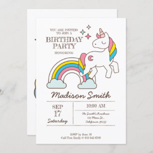 Cute Rainbow Unicorn And Sparkles Birthday Invitation