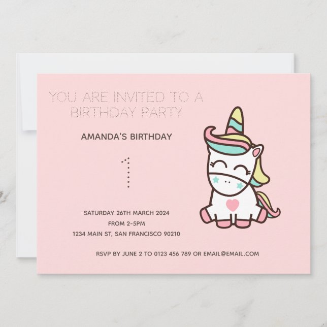 Cute Rainbow Unicorn Anniversaire Fête Invitation (Devant)