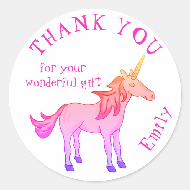 Cute Rainbow Unicorn Birthday Thank you Classic Round Sticker (Front)