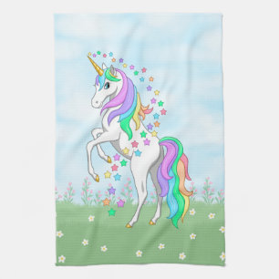 Cute Rainbow Unicorn Colourful Stars & Flowers Kitchen Towel