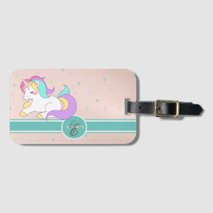 Cute Rainbow Unicorn, Colourful Stars Monogram Luggage Tag