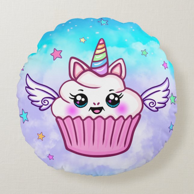 Cute Rainbow Unicorn Cupcake Kawaii Coussin rond (Devant)