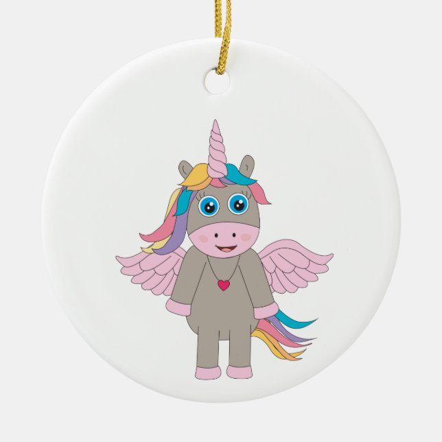 Cute Rainbow Unicorn Design Ceramic Ornament (Front)