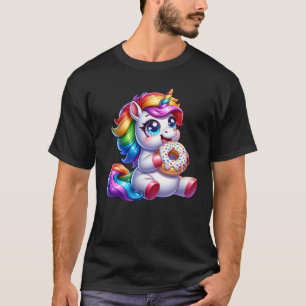 Cute Rainbow Unicorn Eating Donut Lover Funny T-Shirt