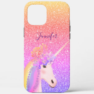Cute Rainbow Unicorn Faux Glitter Monogram iPhone 12 Pro Max Case