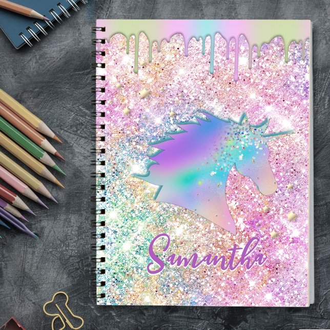 Cute Rainbow unicorn faux Glitter stars monogram Notebook (Creator Uploaded)