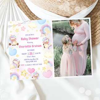 Cute Rainbow Unicorn Girl Baby Shower Photo  Invitation