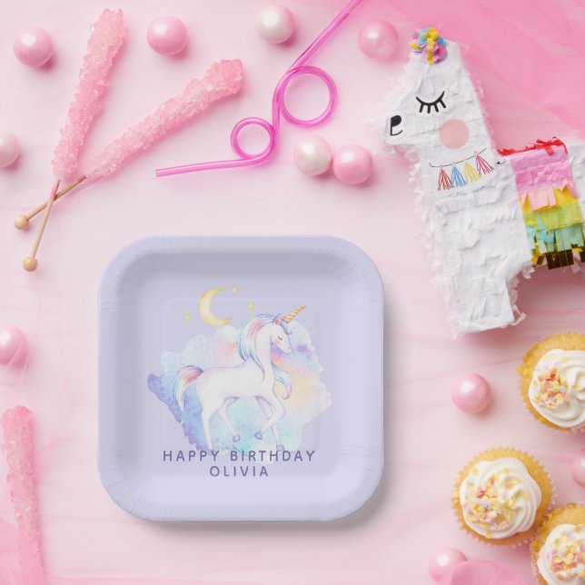 Cute Rainbow Unicorn Girl's Birthday Party Paper Plate (Party)