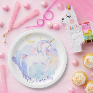 Cute Rainbow Unicorn Girl's Birthday Party Paper Plate