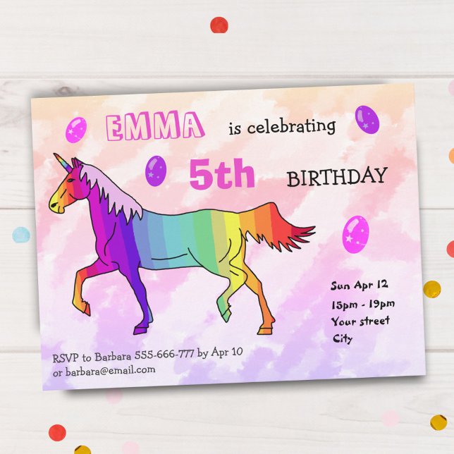 Cute Rainbow Unicorn Girly Birthday Party Invitation (Creator Uploaded)