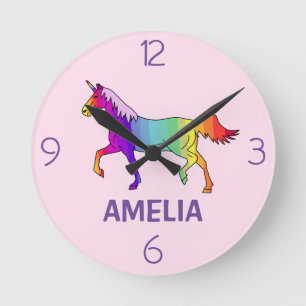 Cute Rainbow Unicorn Girly Kids Name Round Clock