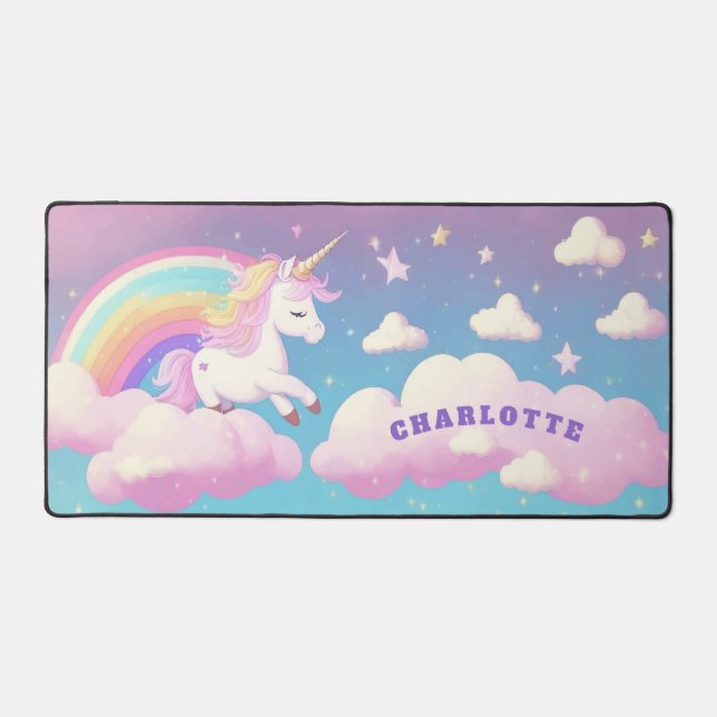 Cute Rainbow Unicorn Girly Personalized Name Desk Mat (Front)