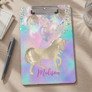 Cute Rainbow unicorn glitter balloons monogram Clipboard