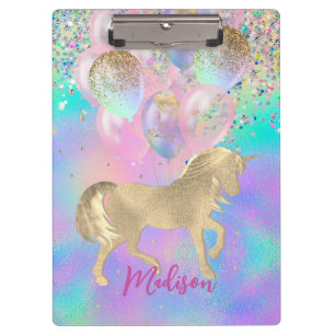 Cute Rainbow unicorn glitter balloons monogram Clipboard