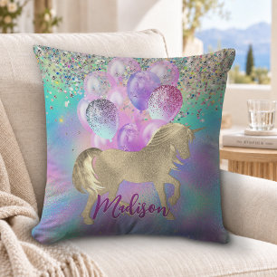 Cute Rainbow unicorn glitter balloons monogram Throw Pillow