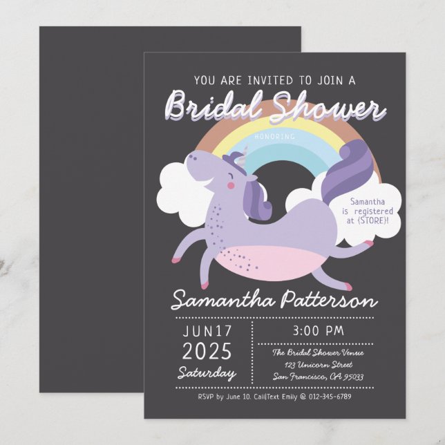 Cute Rainbow Unicorn Invitation de la douche nupti (Devant / Derrière)