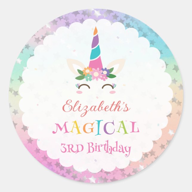Cute Rainbow Unicorn Magical Birthday Party Classic Round Sticker (Front)