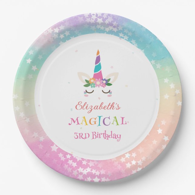 Cute Rainbow Unicorn Magical Birthday Party Paper Plate (Front)